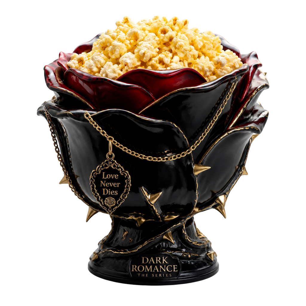 Limited-edition dark romance popcorn bucket shaped like a black rose with gold thorns