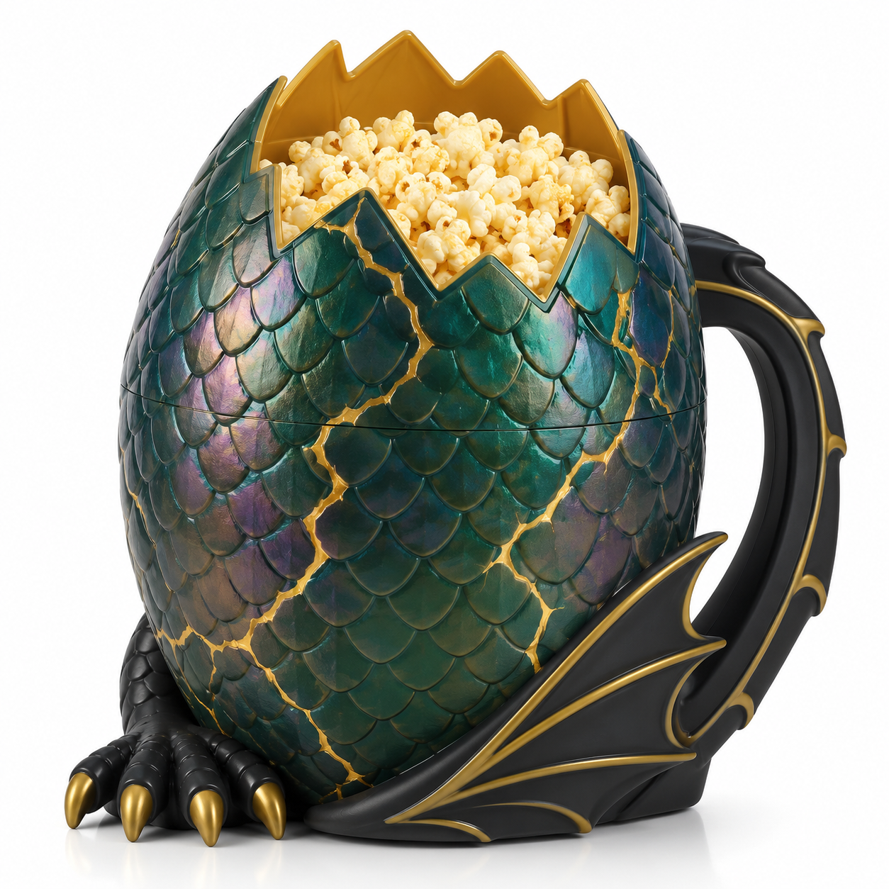 Limited-edition romantasy popcorn bucket shaped like a jeweled dragon egg with gold cracks
