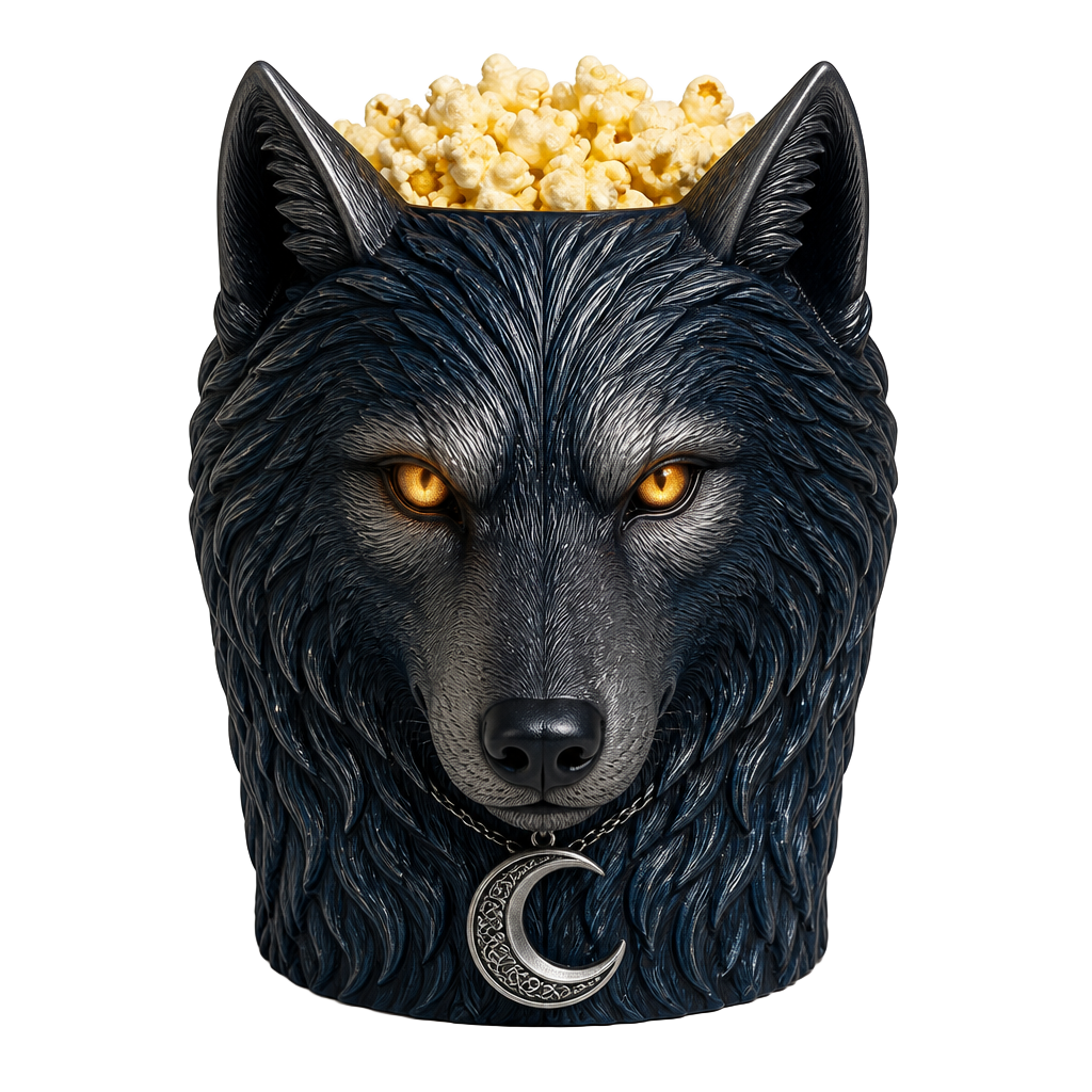 Limited-edition paranormal romance popcorn bucket sculpted as a wolf with a crescent moon amulet