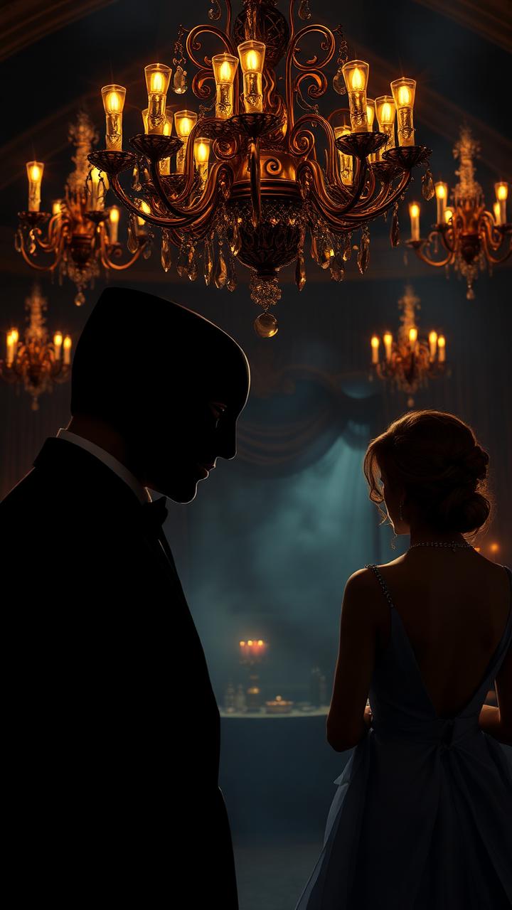 A masked man watching a woman across a candlelit ballroom