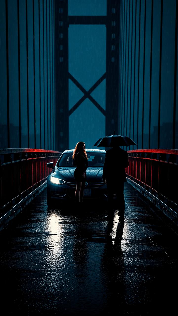 A woman lit by headlights on a rainy bridge at night