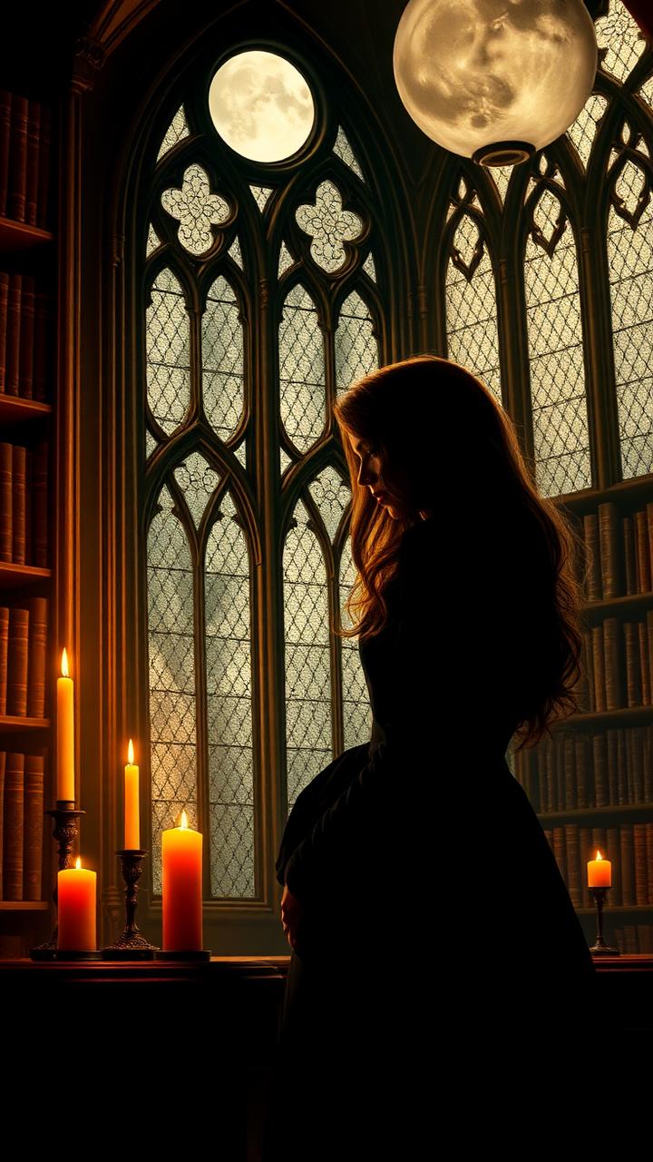 A woman in a candlelit gothic library beneath a full moon
