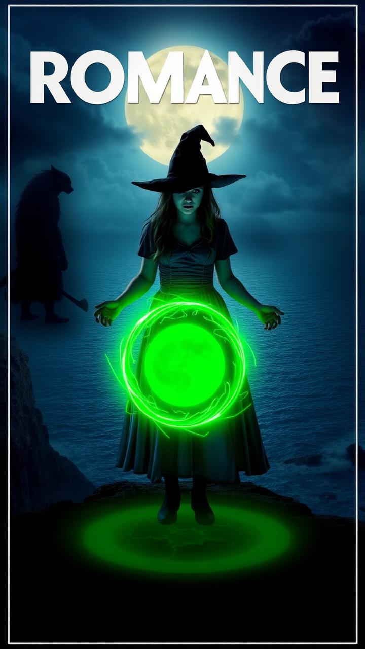 A witch casting a glowing circle on a moonlit cliff